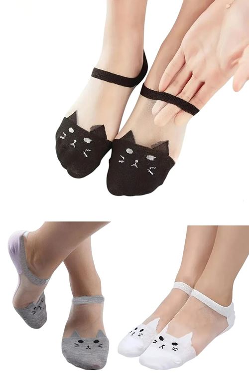 Kadın 3 Çift Premium Kalite Kedi Desenli Tül Şeffaf Çorap Çok Renkli