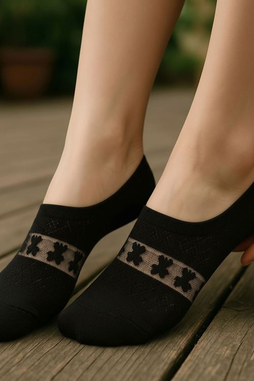 Hitit Socks Kadın 5 Çift Premium Kalite Kalp ve Çiçek Desenli Şeffaf Tül Çorap Siyah