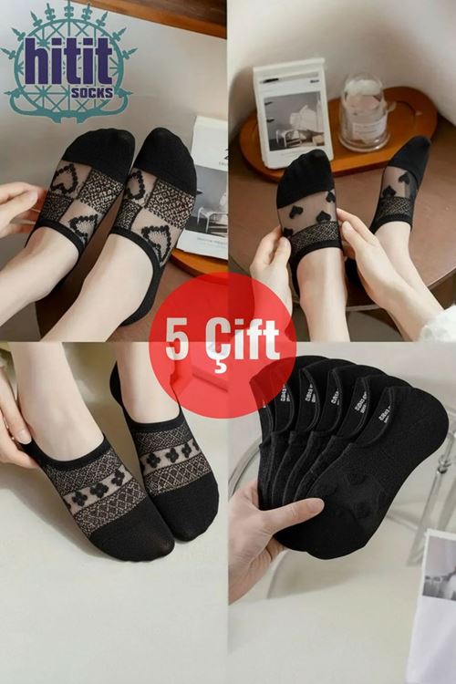 Hitit Socks Kadın 5 Çift Premium Kalite Kalp ve Çiçek Desenli Şeffaf Tül Çorap Siyah