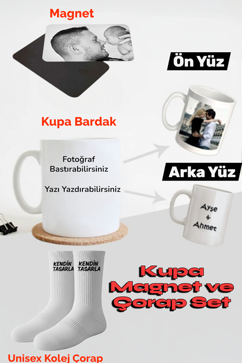 Hitit Socks Kişiye Özel fotoğraf ve Yazı Baskılı Kupa Magnet ve Çorap Seti 