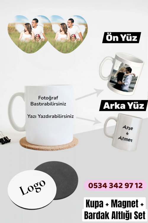 Hitit Socks Kişiye Özel Fotoğraf ve Yazı Baskılı Kupa Magnet ve Bardak Altlığı Seti