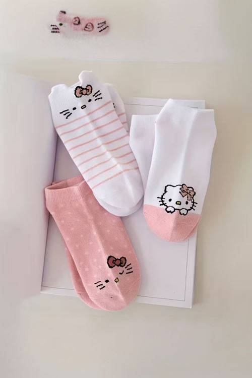 Hitit Socks Kadın 5 Çift Günlük Kullanıma Uygun Sevimli Kedi Desenli Kısa Patik Çorap Pembe
