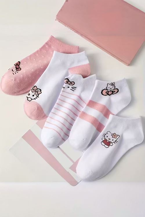 Hitit Socks Kadın 5 Çift Günlük Kullanıma Uygun Sevimli Kedi Desenli Kısa Patik Çorap Pembe