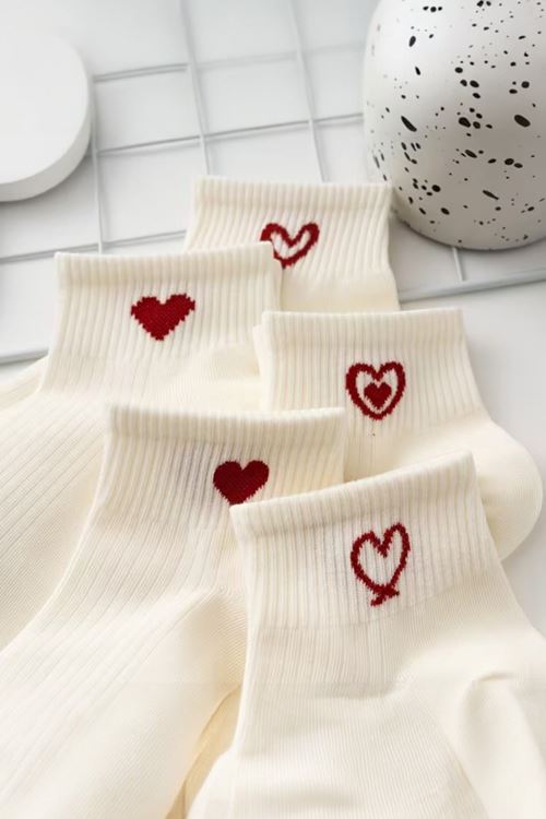 Hitit Socks Kadın 5 Çift Kalp Desenli Kısa Patik Çorap Ekru