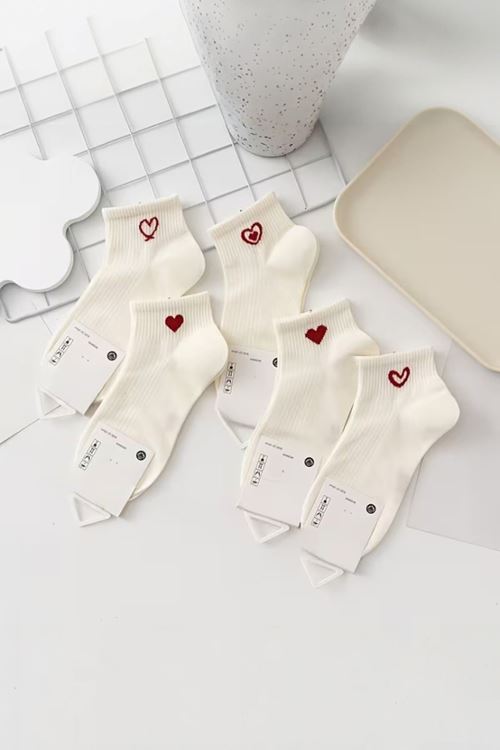 Hitit Socks Kadın 5 Çift Kalp Desenli Kısa Patik Çorap Ekru