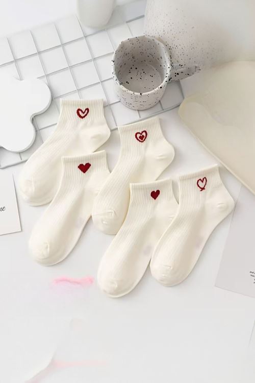Hitit Socks Kadın 5 Çift Kalp Desenli Kısa Patik Çorap Ekru