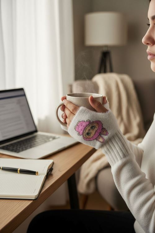 Hitit Socks Kız Çocuk Sevimli Karekter Desenli Parmaksız Peluş Kışlık Eldiven Beyaz