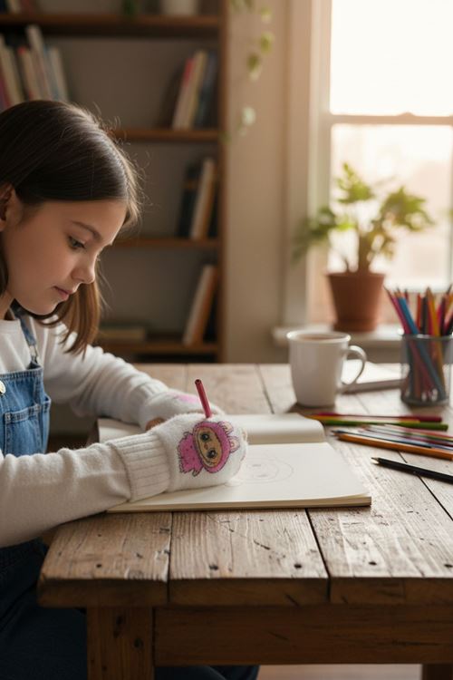 Hitit Socks Kız Çocuk Sevimli Karekter Desenli Parmaksız Peluş Kışlık Eldiven Beyaz