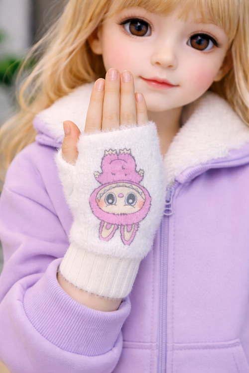 Hitit Socks Kız Çocuk Sevimli Karekter Desenli Parmaksız Peluş Kışlık Eldiven Beyaz