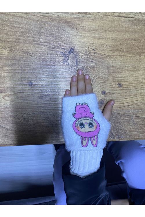 Hitit Socks Kız Çocuk Sevimli Karekter Desenli Parmaksız Peluş Kışlık Eldiven Beyaz