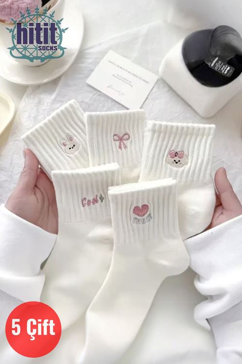 Hitit Socks Kadın 5 Çift Premium Desenli Sevimli Hayvan ve Fiyonklu Kısa Konç Patik Çorap Beyaz
