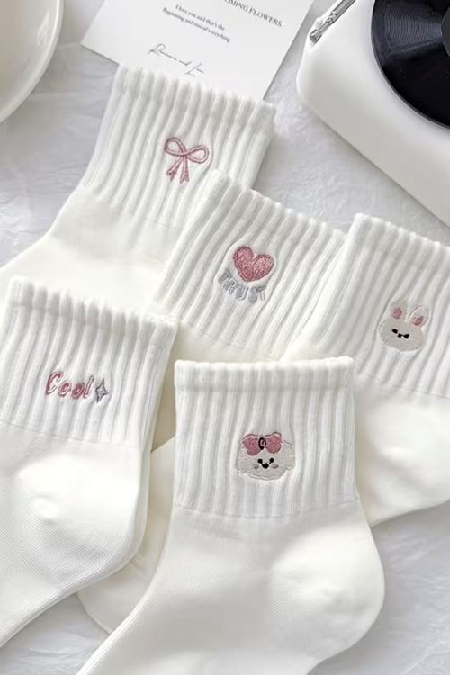 Hitit Socks Kadın 5 Çift Premium Desenli Sevimli Hayvan ve Fiyonklu Kısa Konç Patik Çorap Beyaz