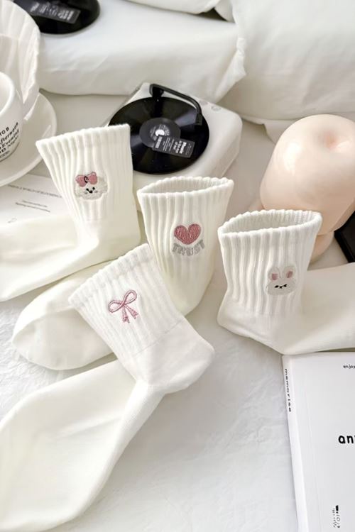 Hitit Socks Kadın 5 Çift Premium Desenli Sevimli Hayvan ve Fiyonklu Kısa Konç Patik Çorap Beyaz