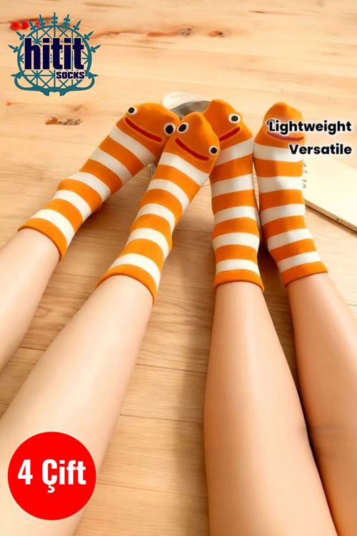 Hitit Socks 4 Çift Sevimli Yılan Balığı Desenli ve Çizgili Uzun Soket Çorap Çok Renkli 