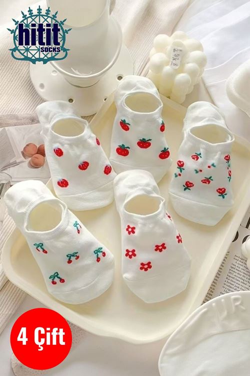 Hitit Socks Kadın 5 Çift Premium Kalite Meyve ve Çiçek Desenli Görünmeyen Kısa Çorap Çok Renkli
