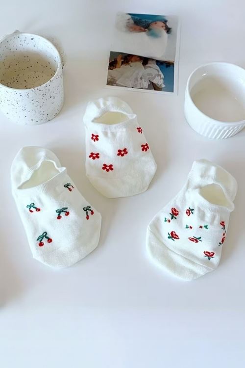 Hitit Socks Kadın 5 Çift Premium Kalite Meyve ve Çiçek Desenli Görünmeyen Kısa Çorap Çok Renkli