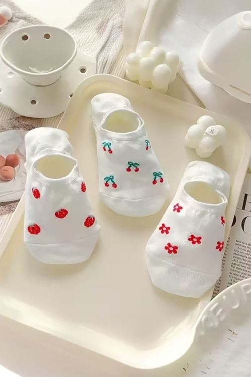 Hitit Socks Kadın 5 Çift Premium Kalite Meyve ve Çiçek Desenli Görünmeyen Kısa Çorap Çok Renkli