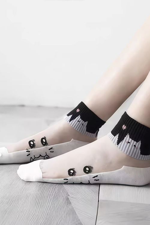 Hitit Socks Kadın 5 Çift Kedi Desenli Tül Çorap Siyah Beyaz