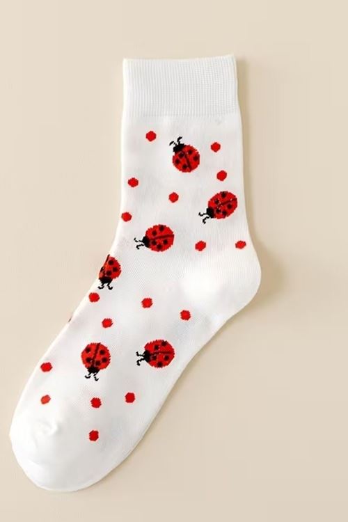 Hitit Socks Kadın 5 Çift Uğur Böceği Desenli Bahara Uygun Kısa Baldır Çorabı Beyaz Renkli