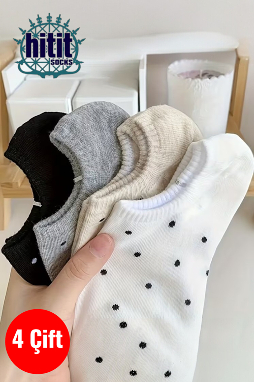 Hitit Socks Kadın 4 Çift Nokta Desenli Yüksek Pamuklu Görünmez Babet Çorap Çok Renkli
