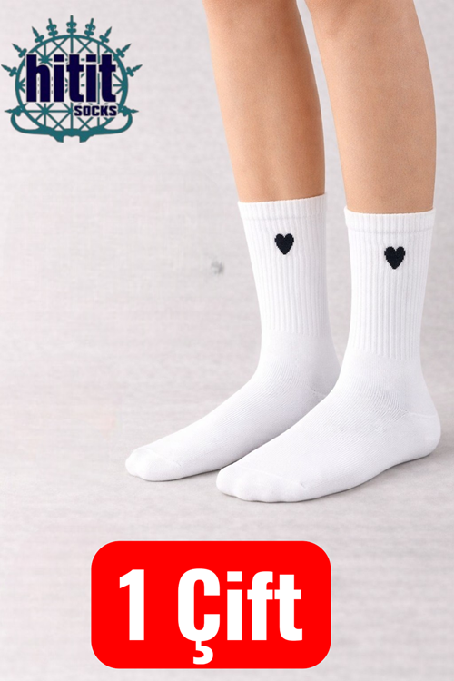 Hitit Socks Kadın 1 Çift Ekonomik Yüksek Pamuklu Kalp Desenli Kolej Çorap 