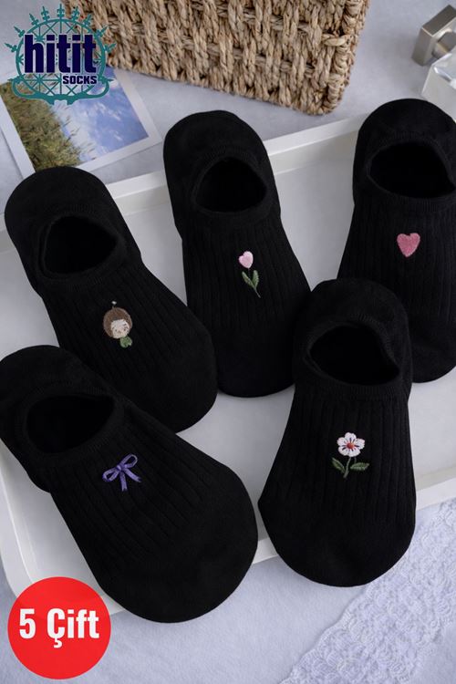 Hitit Socks Kadın 5 Çift Premium Kalite Fiyonk Çiçek ve Kalp Desenli Görünmez Babet Çorap Siyah