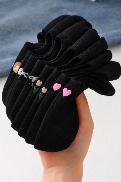 Hitit Socks Kadın 5 Çift Premium Kalite Fiyonk Çiçek ve Kalp Desenli Görünmez Babet Çorap Siyah