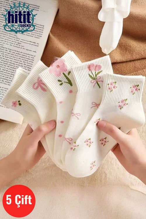 Hitit Socks Kadın 5 Çift Premium Karışık Çiçek Desenli Kısa Patik Çorap Bilek Çorabı Beyaz