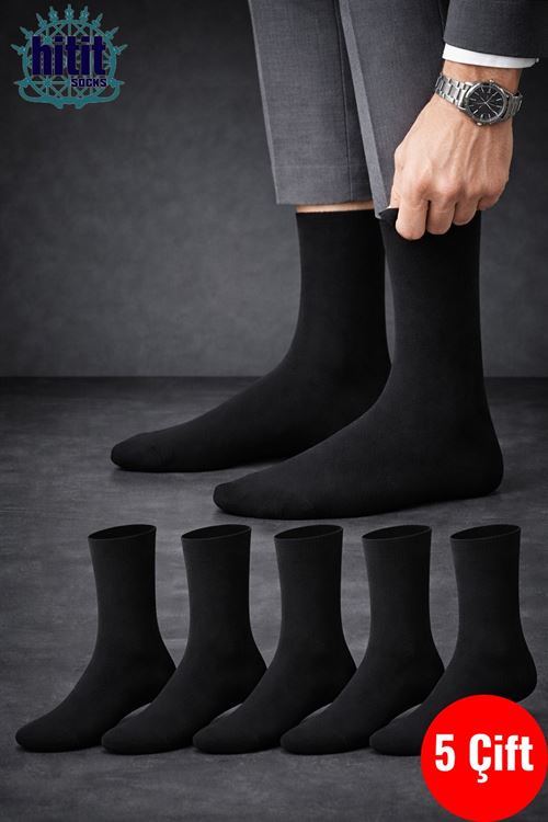 Hitit Socks Erkek 5 Çift Düz Siyah Pamuklu Çorap Günlük Kullanım Bacak Sıkmayan Rahat Kalıp