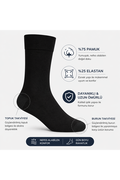 Hitit Socks Erkek 5 Çift Düz Siyah Pamuklu Çorap Günlük Kullanım Bacak Sıkmayan Rahat Kalıp