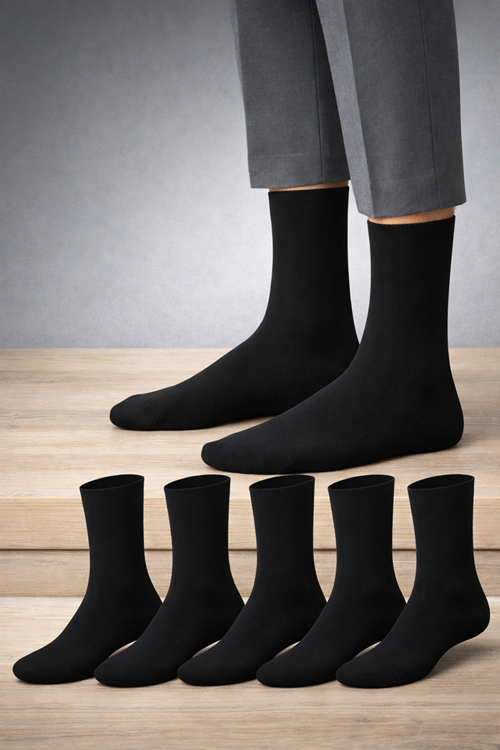 Hitit Socks Erkek 5 Çift Düz Siyah Pamuklu Çorap Günlük Kullanım Bacak Sıkmayan Rahat Kalıp