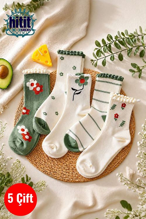 Hitit Socks Kadın 5 Çift Premium Kabartma Desenli Çiçek ve Çizgi Desenli Uzun Soket Çorap Yeşil