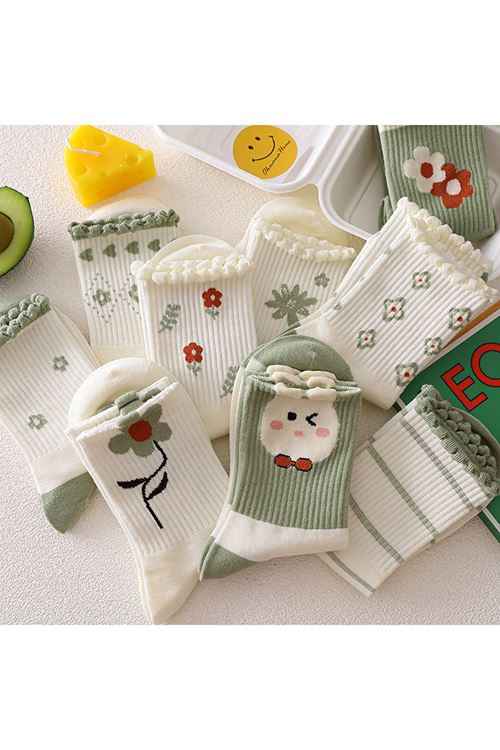 Hitit Socks Kadın 5 Çift Premium Kabartma Desenli Çiçek ve Çizgi Desenli Uzun Soket Çorap Yeşil