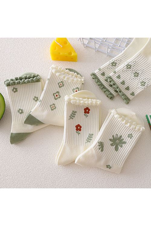 Hitit Socks Kadın 5 Çift Premium Kabartma Desenli Çiçek ve Çizgi Desenli Uzun Soket Çorap Yeşil
