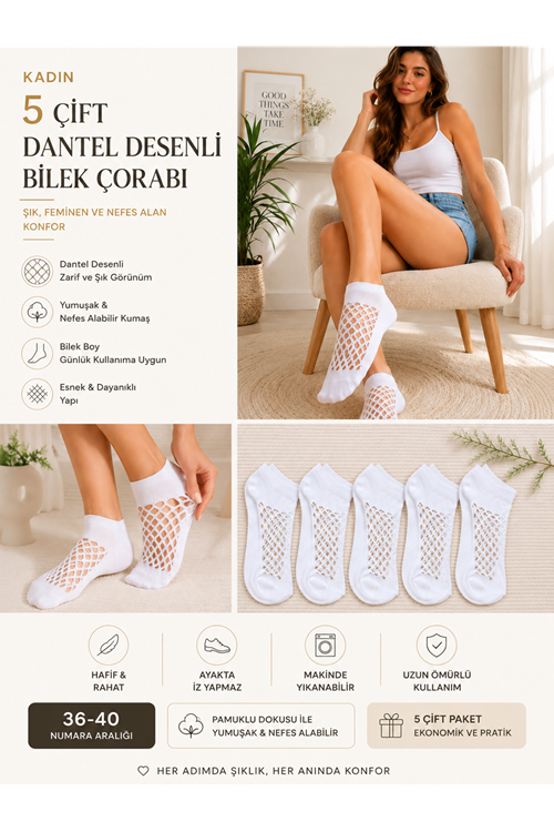 Hitit Socks Kadın 5 Çift Premium Kalite File Tasarım Bilek Çorabı Beyaz