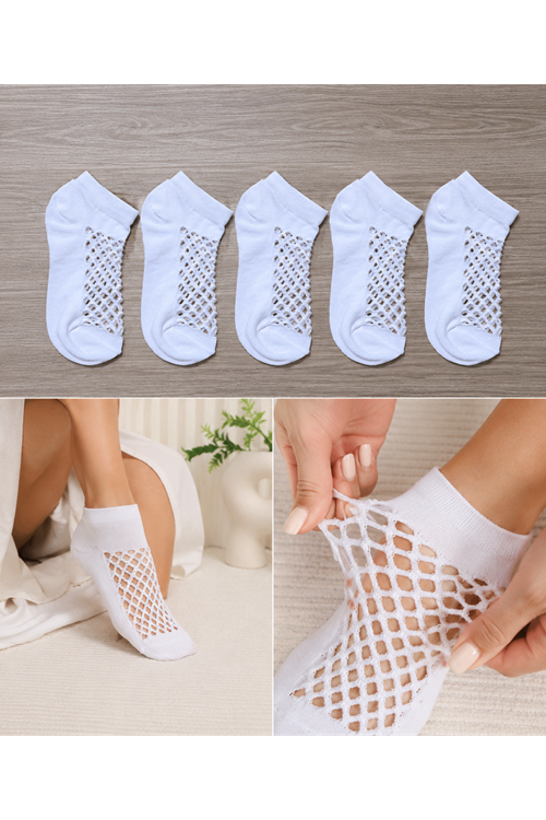 Hitit Socks Kadın 5 Çift Premium Kalite File Tasarım Bilek Çorabı Beyaz