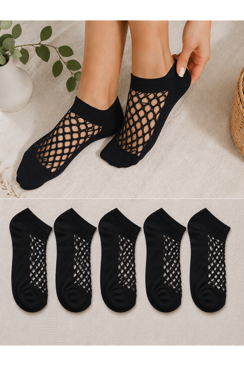 Hitit Socks Kadın 5 Çift Premium Kalite File Tasarım Bilek Çorabı Siyah