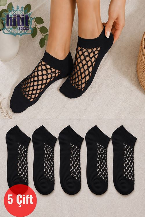 Hitit Socks Kadın 5 Çift Premium Kalite File Tasarım Bilek Çorabı Siyah