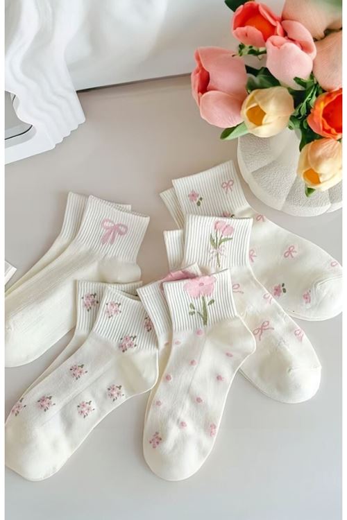 Hitit Socks Kadın 5 Çift Premium Karışık Çiçek Desenli Kısa Patik Çorap Bilek Çorabı Beyaz