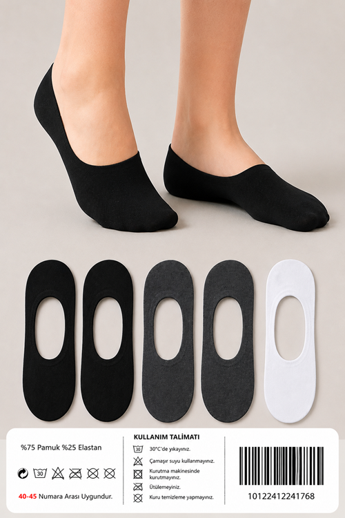 Hitit Socks Erkek 5 Çift Görünmez Babet Çorap Kaymaz Terletmez Topuk ve Burun Takviyeli Çok Renkli