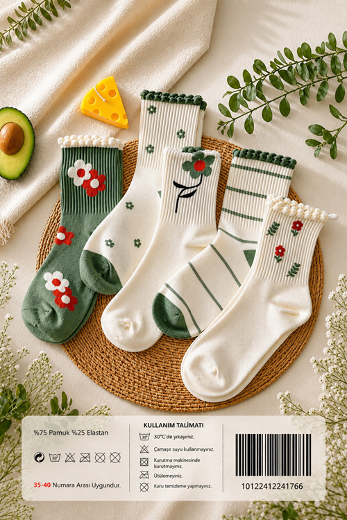 Hitit Socks Kadın 5 Çift Premium Kabartma Desenli Çiçek ve Çizgi Desenli Uzun Soket Çorap Yeşil
