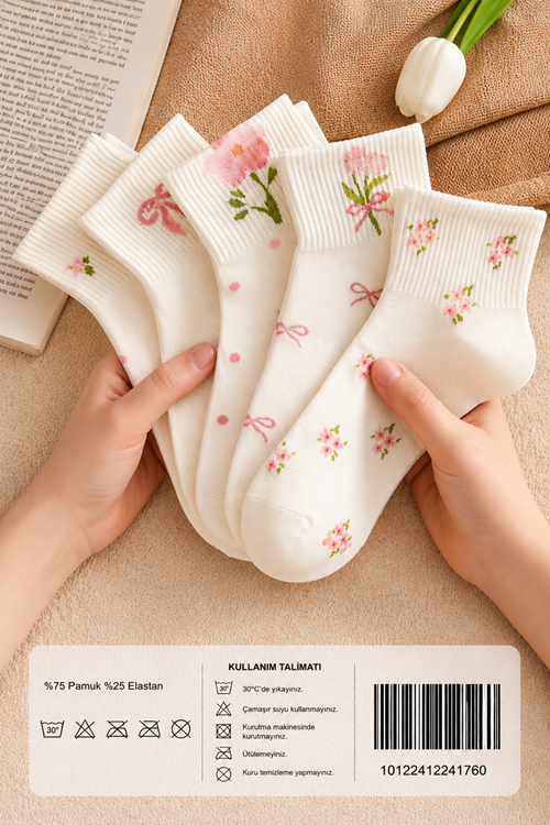 Hitit Socks Kadın 5 Çift Premium Karışık Çiçek Desenli Kısa Patik Çorap Bilek Çorabı Beyaz