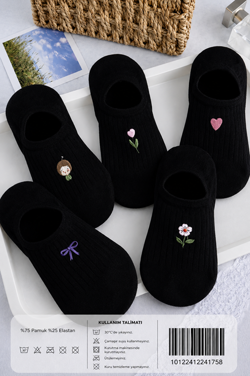 Hitit Socks Kadın 5 Çift Premium Kalite Fiyonk Çiçek ve Kalp Desenli Görünmez Babet Çorap Siyah