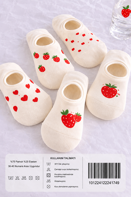 Hitit Socks Kadın5 Çift Çilek ve Kalp Desenli Yüksek Pamuklu Görünmez Babet Çorap Beyaz