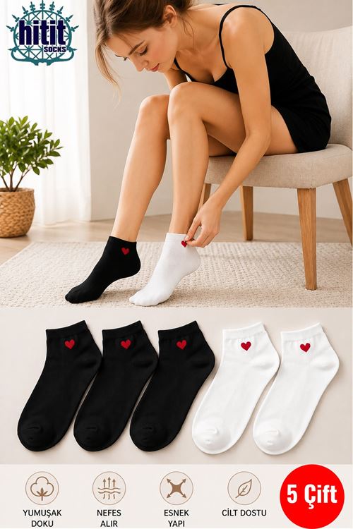 Hitit Socks Kadın 5 Çift Pamuklu Günlük Kullanım İçin Kalp Desenli Kısa Patik Bilek Çorabı Çok renkli