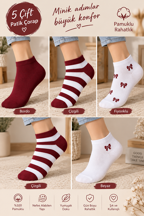 Hitit Socks Kadın 5 Çift Çizgi ve Fiyonk Desenli Pamuklu Patik Çorap Bordo Beyaz