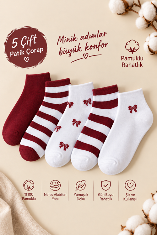 Hitit Socks Kadın 5 Çift Çizgi ve Fiyonk Desenli Pamuklu Patik Çorap Bordo Beyaz