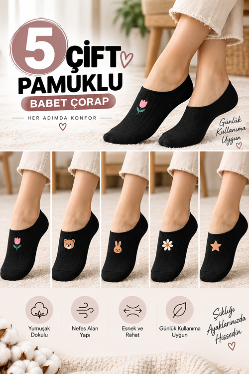 Hitit Socks Kadın 5 Çift Haycan Ve Çiçek Desenli Görünmez Çorap Babet Çorap