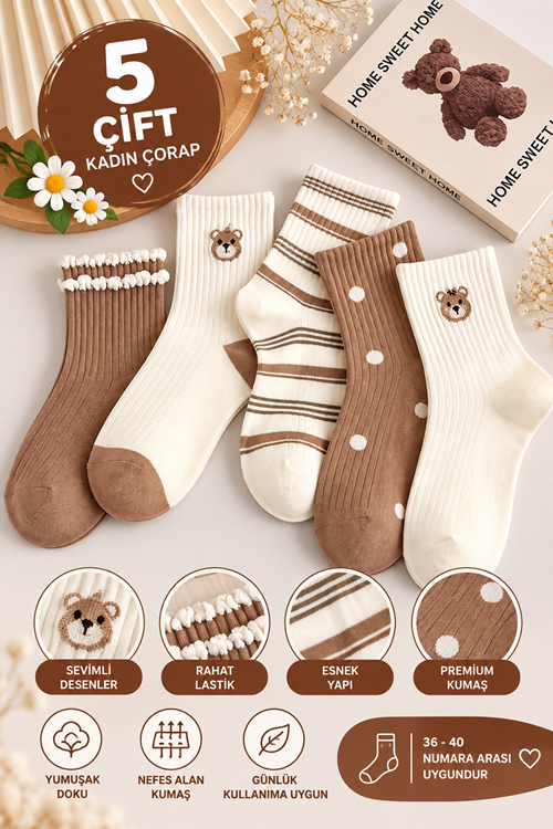 Hitit Socks Kadın 5 Çift Premium Ayı ve Çizgi Desenli Uzun Kolej Çorap Çok Renki