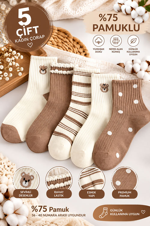 Hitit Socks Kadın 5 Çift Premium Ayı ve Çizgi Desenli Uzun Kolej Çorap Çok Renki